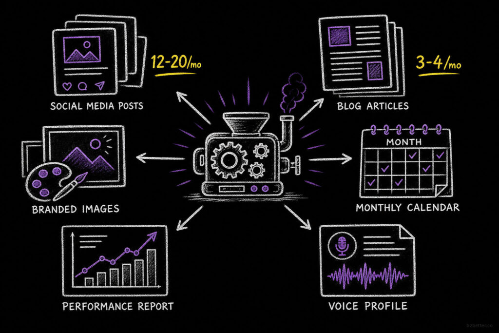 The Content Engine gives you back 6-10 hours per month. Instead of writing, designing, and scheduling, you spend 15-20 minutes reviewing and approving. The rest happens automatically.