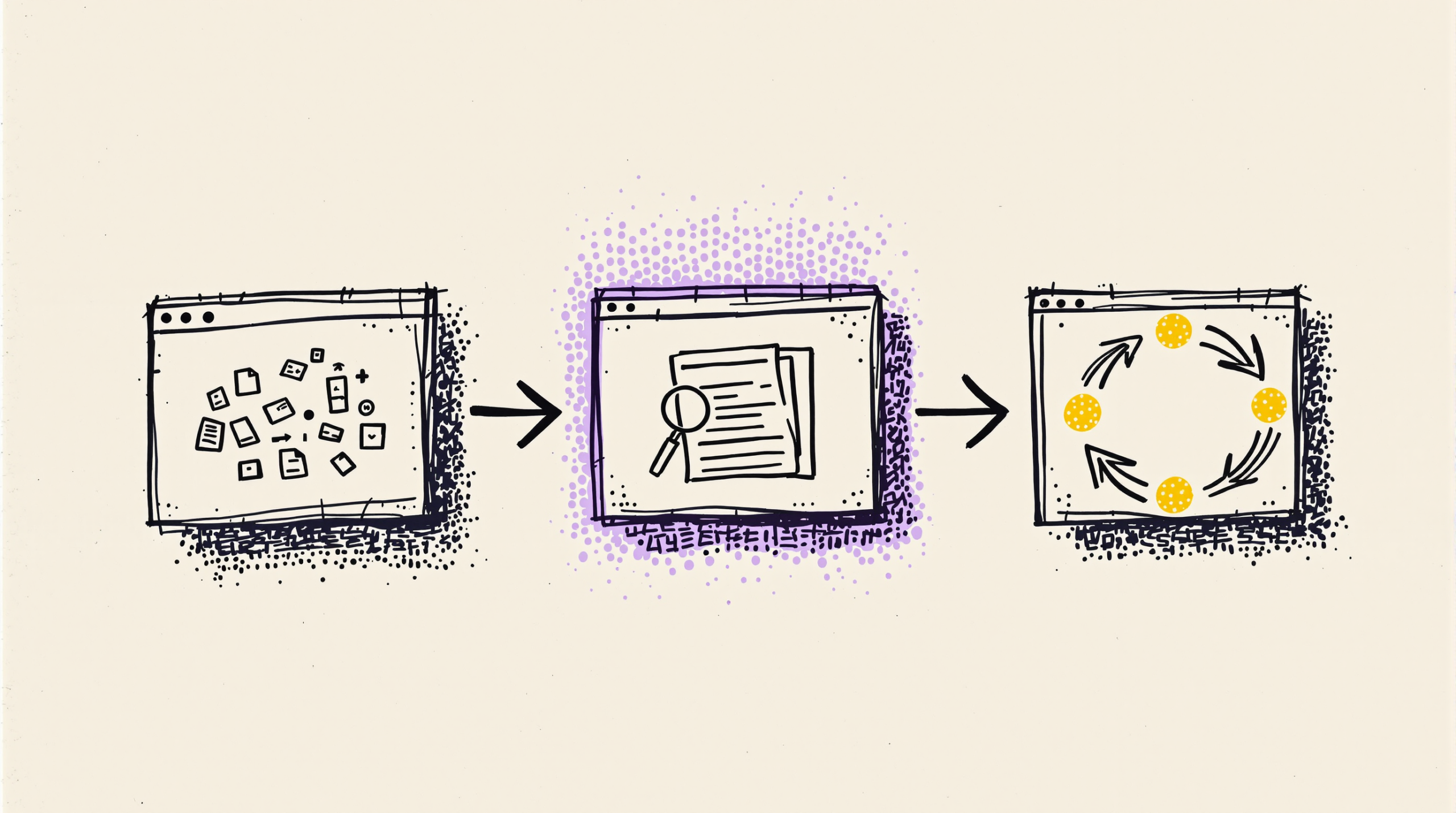 Cream-notepad sketch of the 3-step audit, test, iterate flow
